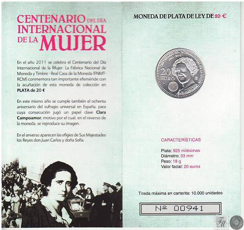 España - 2011 - Monedas euros en plata - FDC / MS - 20 € Año 2011 / Clara Campoamor / En estuche oficial