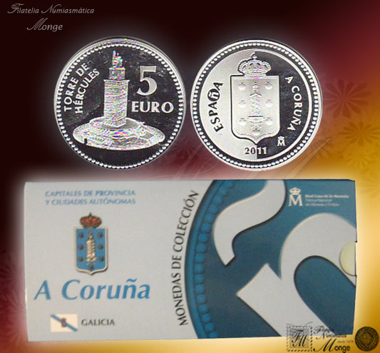 España - 2011 - Monedas euros en plata - PROOF - 5 € Año 2011 / A Coruña / Plata / En estuche oficial