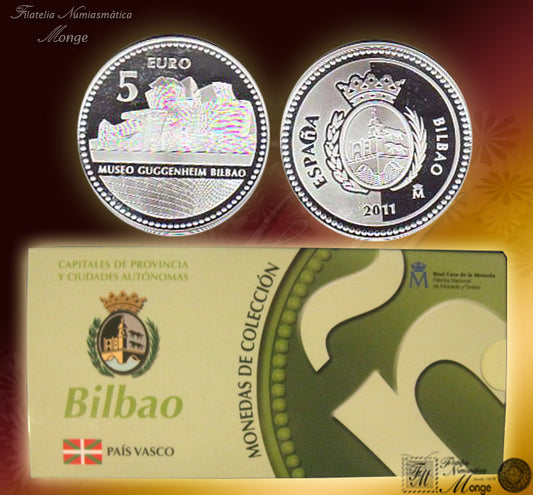 España - 2011 - Monedas euros en plata - PROOF - 5 € Año 2011 / Bilbao / Plata / En estuche oficial