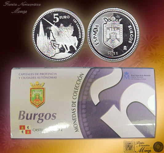 España - 2011 - Monedas euros en plata - PROOF - 5 € Año 2011 / Burgos / Plata / En estuche oficial