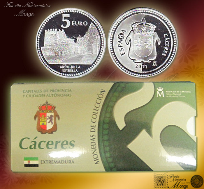 España - 2011 - Monedas euros en plata - PROOF - 5 € Año 2011 / Caceres / Plata / En estuche oficial