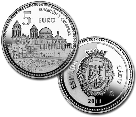 España - 2011 - Monedas euros en plata - PROOF - 5 € Año 2011 / Cadiz / Plata / En capsula