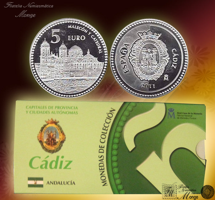 España - 2011 - Monedas euros en plata - PROOF - 5 € Año 2011 / Cadiz / Plata / En estuche oficial