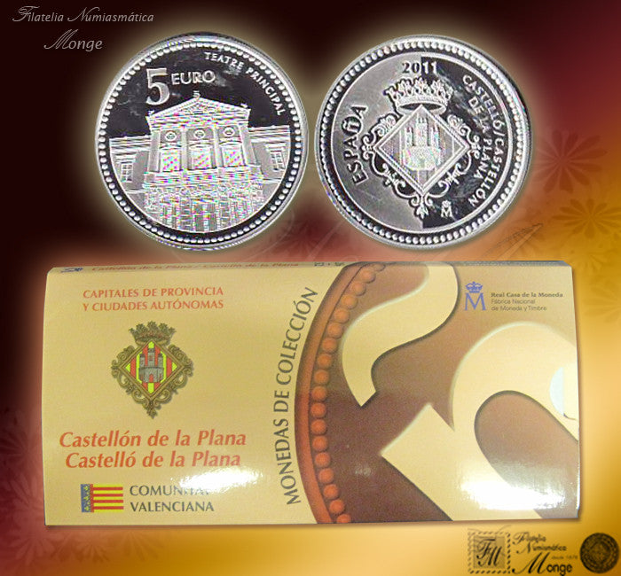 España - 2011 - Monedas euros en plata - PROOF - 5 € Año 2011 / Castellon de la Plana / Plata / En estuche oficial