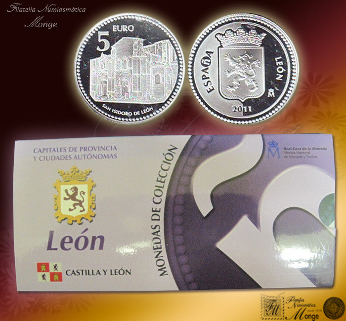 España - 2011 - Monedas euros en plata - PROOF - 5 € Año 2011 / Leon / Plata / En estuche oficial