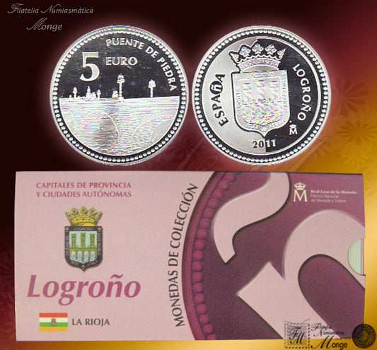 España - 2011 - Monedas euros en plata - PROOF - 5 € Año 2011 / Logroño / Plata / En estuche oficial