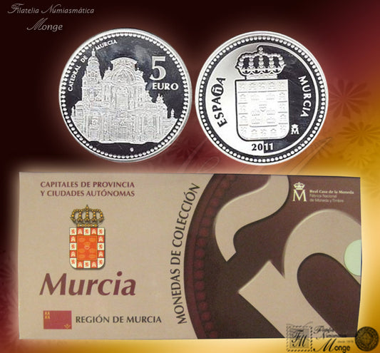 España - 2011 - Monedas euros en plata - PROOF - 5 € Año 2011 / Murcia / Plata / En estuche oficial