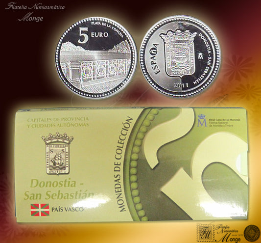 España - 2011 - Monedas euros en plata - PROOF - 5 € Año 2011 / San Sebastian / Plata / En estuche oficial