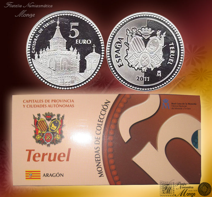 España - 2011 - Monedas euros en plata - PROOF - 5 € Año 2011 / Teruel / Plata / En estuche oficial