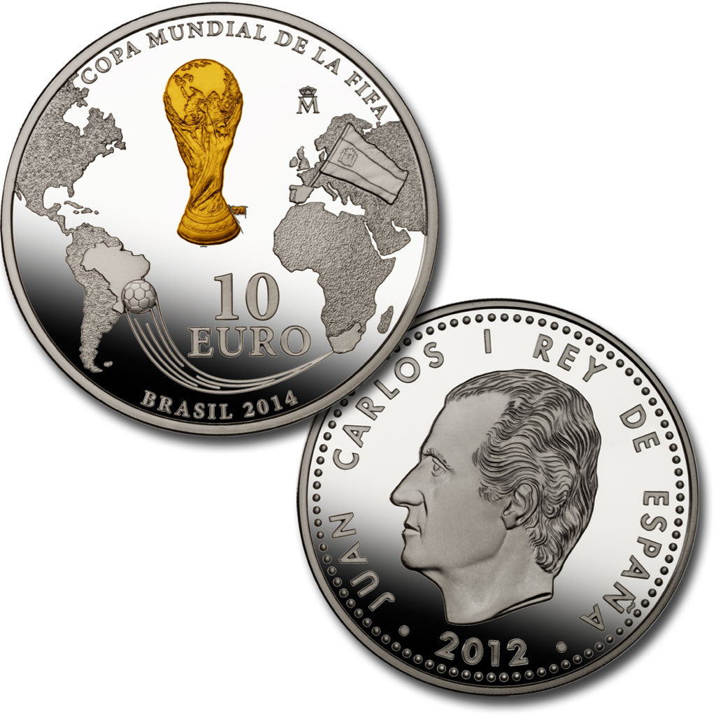 España - 2012 - Conmemorativas FNMT - PROOF - 10 € año 2012 / FIFA-Brasil 2014 / En capsula / 27 gr. Plata con lámina de oro