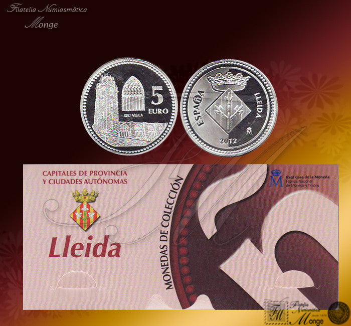 España - 2012 - Monedas euros en plata - PROOF - 5 € Año 2012 / LLeida / Plata / En estuche oficial