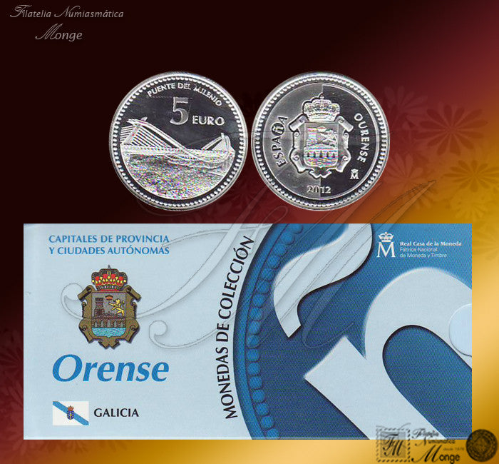 España - 2012 - Monedas euros en plata - PROOF - 5 € Año 2012 / Orense / Plata / En estuche oficial