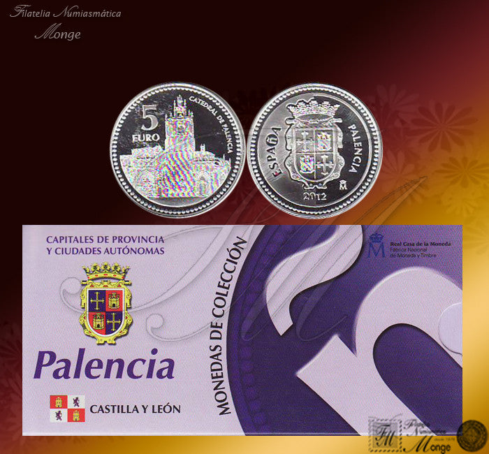 España - 2012 - Monedas euros en plata - PROOF - 5 € Año 2012 / Palencia / Plata / En estuche oficial