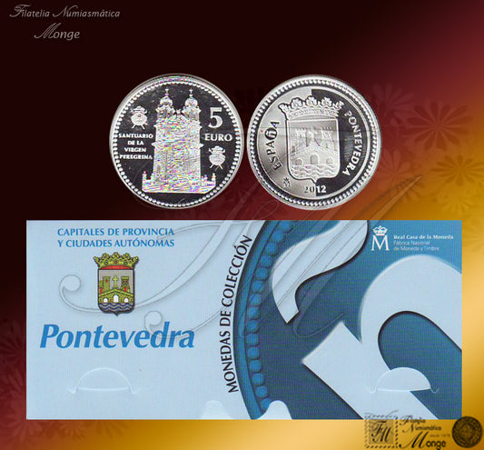 España - 2012 - Monedas euros en plata - PROOF - 5 € Año 2012 / Pontevedra / Plata / En estuche oficial