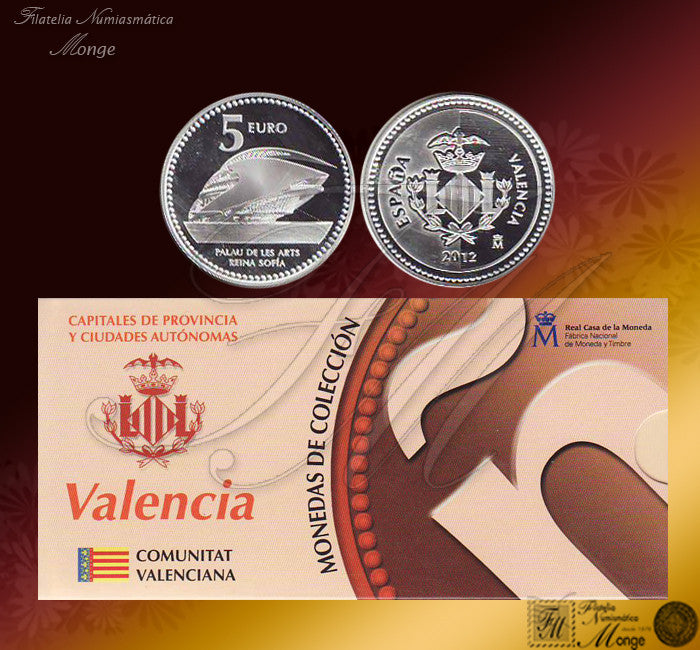 España - 2012 - Monedas euros en plata - PROOF - 5 € Año 2012 / Valencia / Plata / En estuche oficial