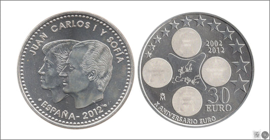 España - 2012 - Monedas euros en plata - S/C / UNC - 30 € Año 2012 / 10 Aniversario € / SIN SOBRE