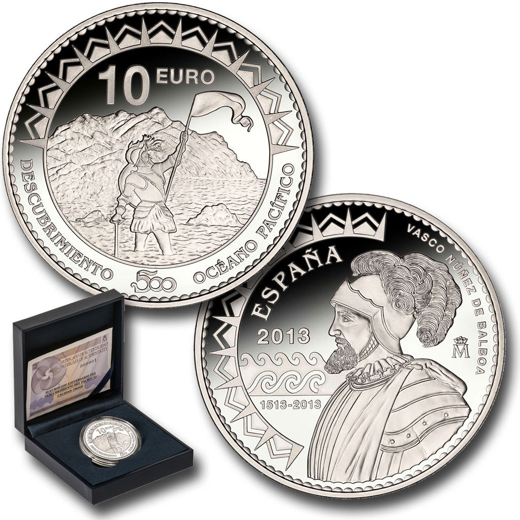 España - 2013 - Conmemorativas FNMT - PROOF - 10 € Año 2013 / 500 Aniv. Descubrimiento Pacifico / Nuñez de Balboa / 27 gr. Plata