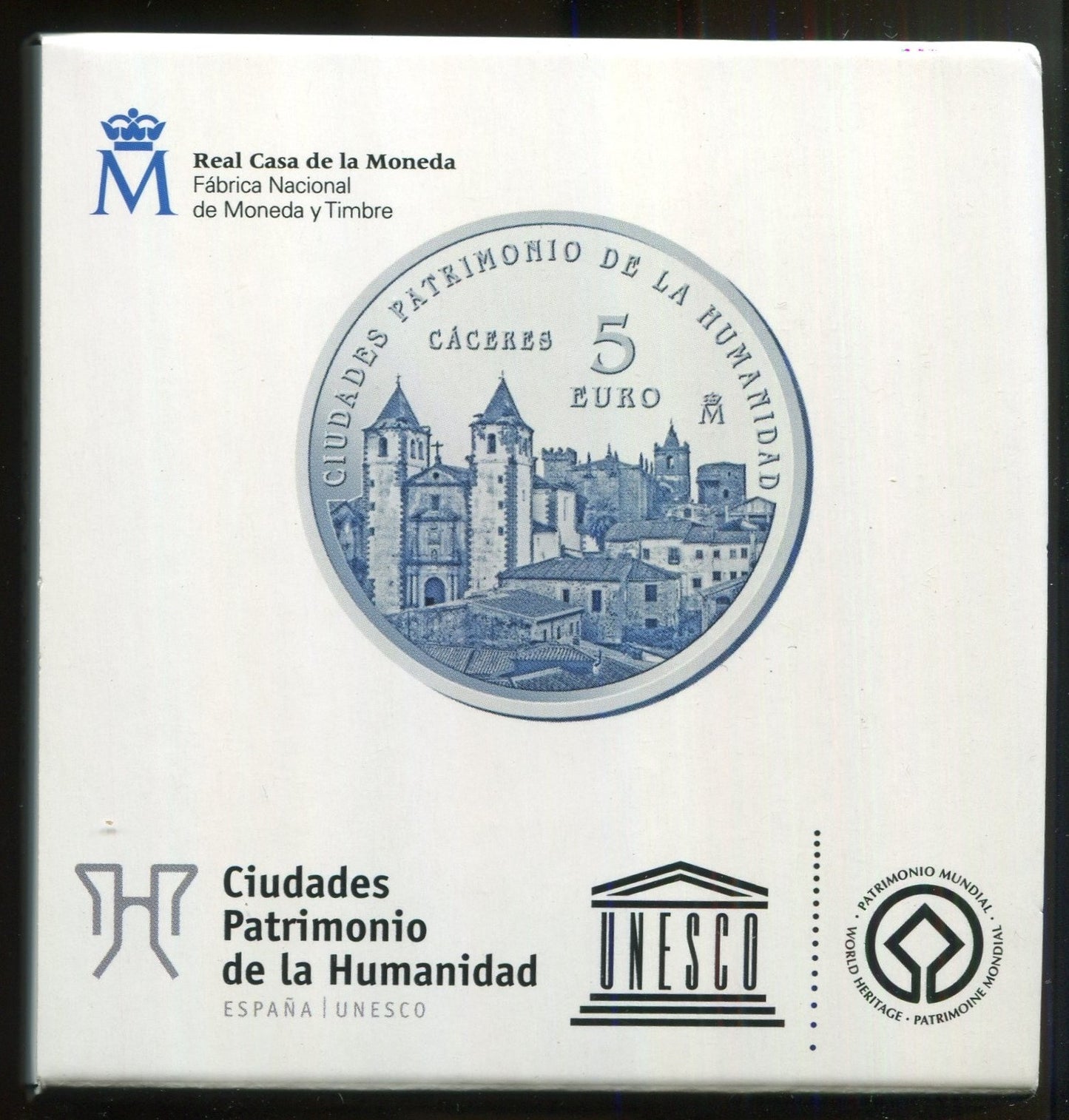 España - 2014 - Conmemorativas FNMT - PROOF - 5 € año 2014 / Unesco I serie / Caceres / plata / En estuche