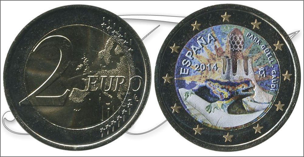 España - 2014 - Monedas Euros Color - S/C / UNC - 2 € Año 2014 / Gaudi / Park Güell / Coloreada / Cielo azul