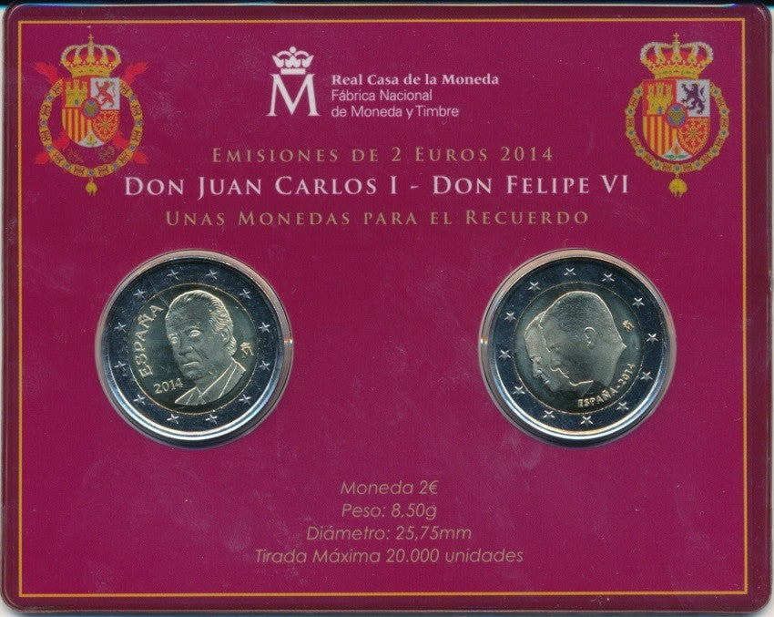 España - 2014 - Monedas Euros en cartera oficial - PROOF - 2 € Año 2014 (2) / Juan Carlos I y Felipe VI / En estuche