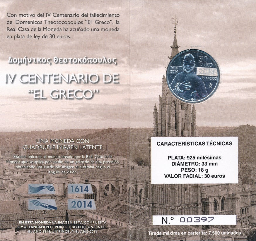 España - 2014 - Monedas euros en plata - FDC / MS - 30 € Año 2014 / El Greco / En cartera oficial