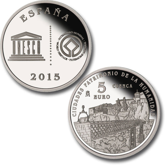 España - 2015 - Conmemorativas FNMT - PROOF - 5 € año 2015 / Unesco II serie / Cuenca / plata / En estuche