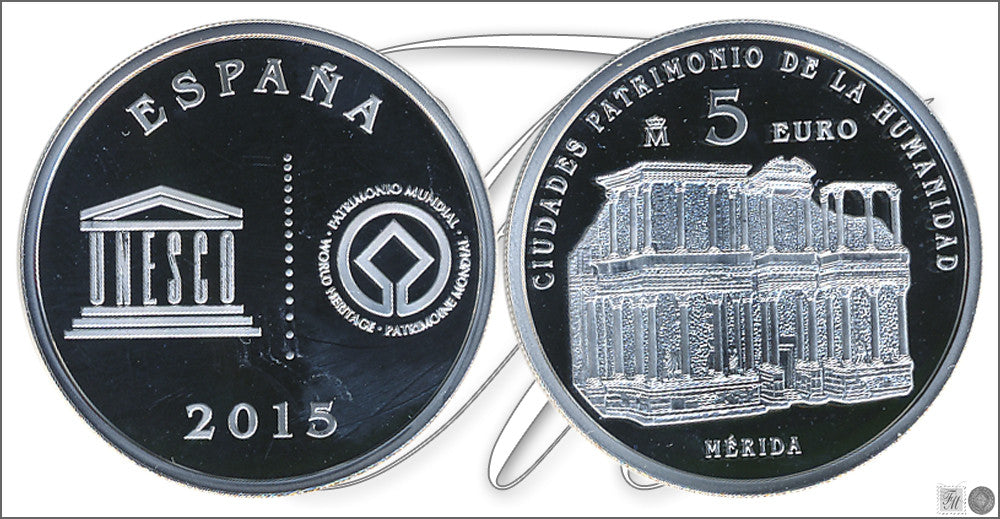 España - 2015 - Conmemorativas FNMT - PROOF - 5 € año 2015 / Unesco II serie / Merida / plata / En estuche