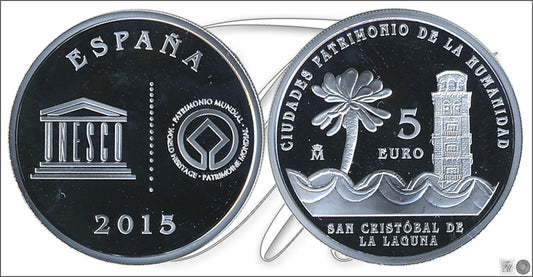 España - 2015 - Conmemorativas FNMT - PROOF - 5 € año 2015 / Unesco II serie / San Cristobal de la Laguna / plata / En estuche