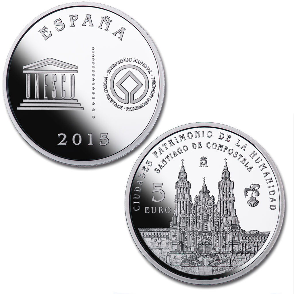 España - 2015 - Conmemorativas FNMT - PROOF - 5 € año 2015 / Unesco III serie / Santiago Compostela / plata / En estuche