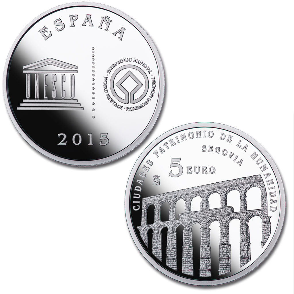 España - 2015 - Conmemorativas FNMT - PROOF - 5 € año 2015 / Unesco III serie / Segovia / plata / En estuche