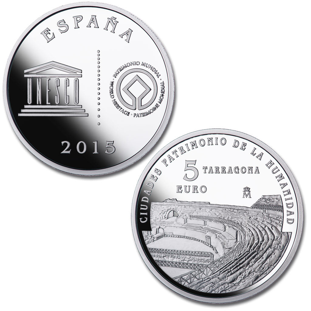 España - 2015 - Conmemorativas FNMT - PROOF - 5 € año 2015 / Unesco III serie / Tarragona / plata / En estuche