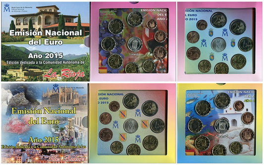 España - 2015 - Monedas Euros en cartera oficial - FDC / MS - Año 2015 Autonomias Baleares y La Rioja (2 carteras)