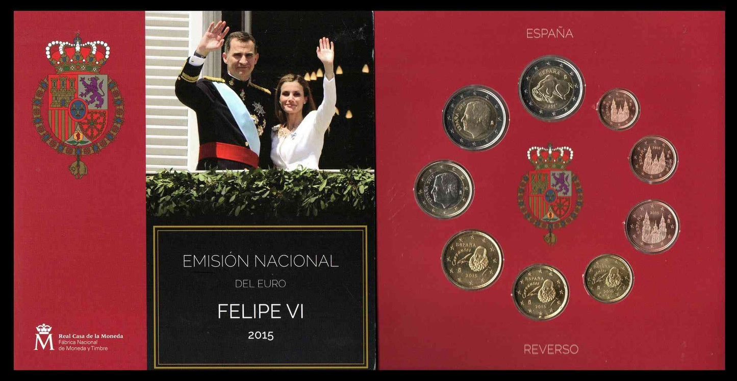 España - 2015 - Monedas Euros en cartera oficial - FDC / MS - Ocasion Año 2015 (9 monedas) / Felipe VI - Pequeñas oxidaciones