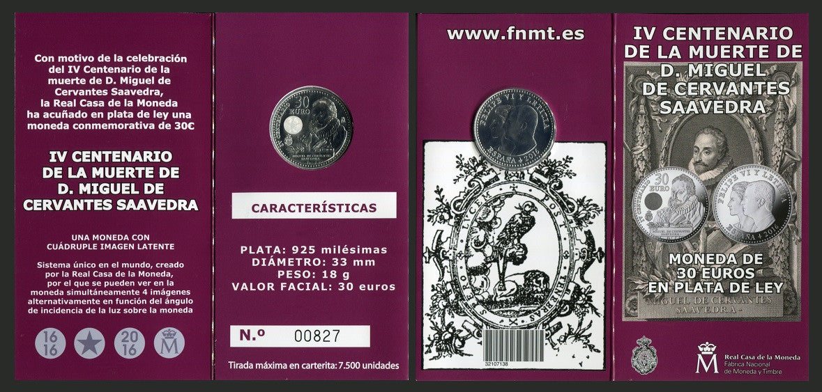 España - 2016 - Monedas euros en plata - S/C / UNC - 30 € Año 2016 / Miguel de Cervantes / En cartera oficial