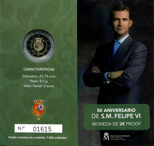 España - 2018 - Monedas Euros en cartera oficial - PROOF - 2 € Año 2018 / 50 Aniversario Felipe VI / En estuche