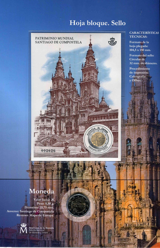 España - 2018 - Monedas Euros en cartera oficial - PROOF - 2 € Año 2018 / Santiago de Compostela / En estuche con Hojita y Prueb