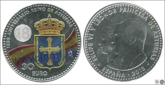 España - 2018 - Monedas euros en plata - S/C / UNC - 30 € Año 2018 / 1300 Aniversario Reino Asturias / Color - bolsa original