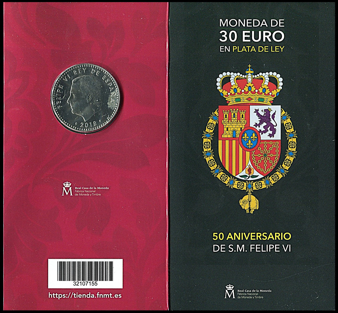 España - 2018 - Monedas euros en plata - S/C / UNC - 30 € Año 2018 / 50 Aniv. Felipe VI / En cartera oficial