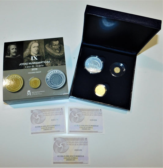 España - 2019 - Conmemorativas FNMT - PROOF - 10, 20 y 100 € Año 2019 / IX serie Joyas / oro y plata / Con estuche