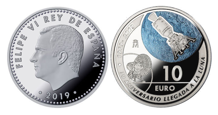 España - 2019 - Conmemorativas FNMT - PROOF - 10 € Año 2019 / 50 aniversario de la Llegada a la Luna / Plata / En estuche