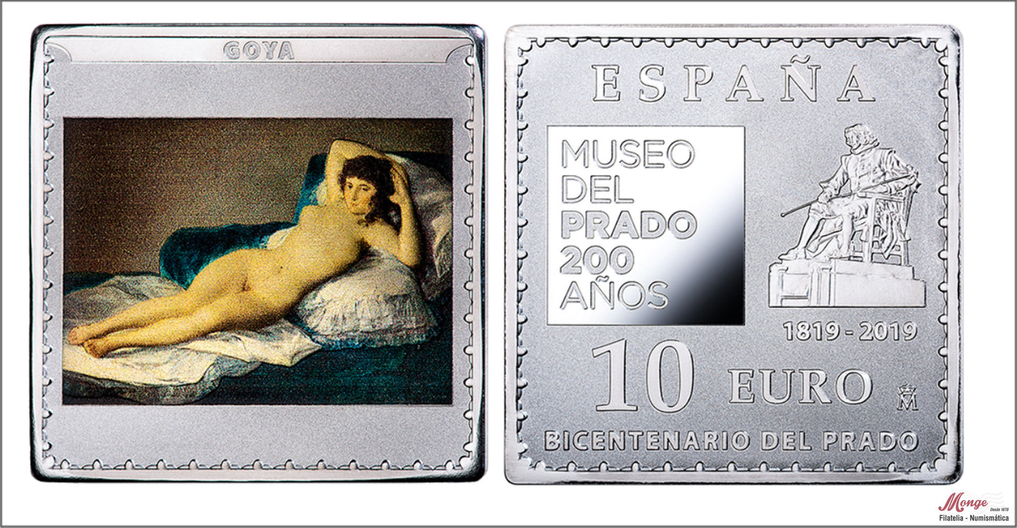 España - 2019 - Conmemorativas FNMT - PROOF - 10 € Museo del Prado 1819-2019 / La maja desnuda / En estuche