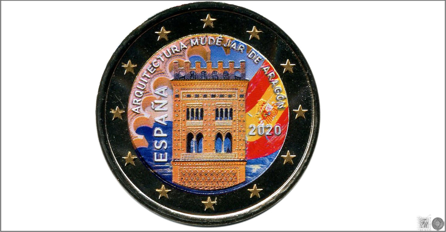 España - 2020 - Monedas Euros Color - S/C / UNC - 2 € Año 2020 / Arquitectura Mujéjar de Arago / Bandera y Arcos