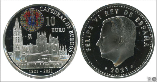 España - 2021 - Conmemorativas FNMT - PROOF - 10 € Año 2021 / 800 Años de la Catedral de Burgos / Plata / En estuche