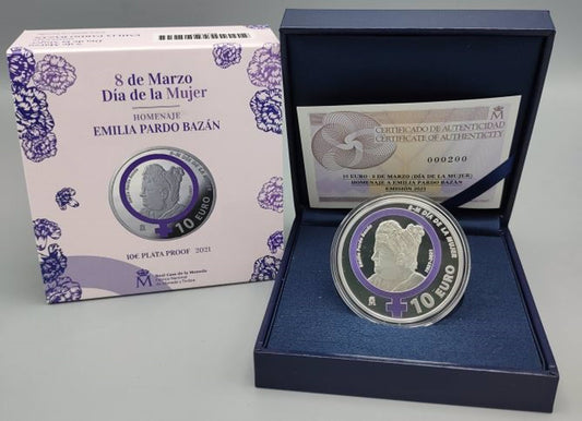 España - 2021 - Conmemorativas FNMT - PROOF - 10 € Año 2021 / Dia Mujer - Emilia Pardo Bazan / Plata / En estuche