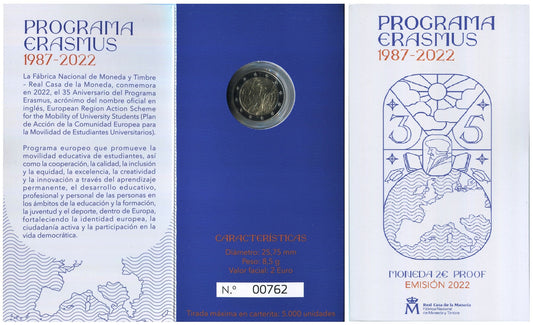 España - 2022 - Monedas Euros en cartera oficial - PROOF - 2 € Año 2022 / ERASMUS / En estuche