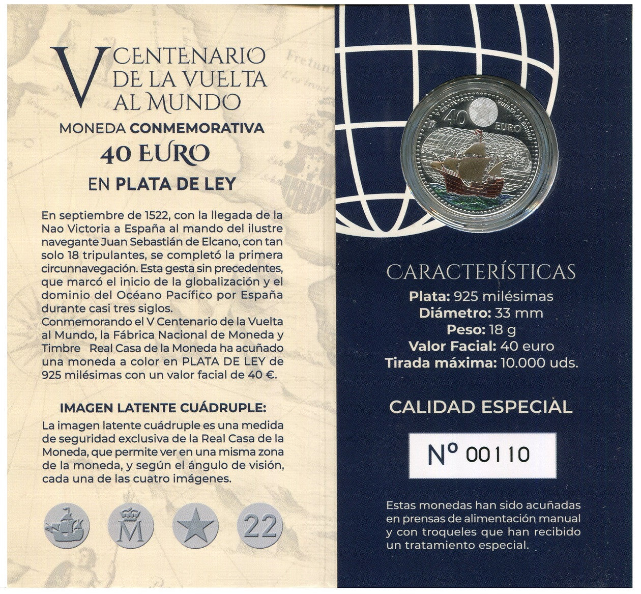 España - 2022 - Monedas euros en plata - S/C / UNC - 40 € Año 2022 / V Centenario de la vuelta al mundo - Color / En cartera ofi