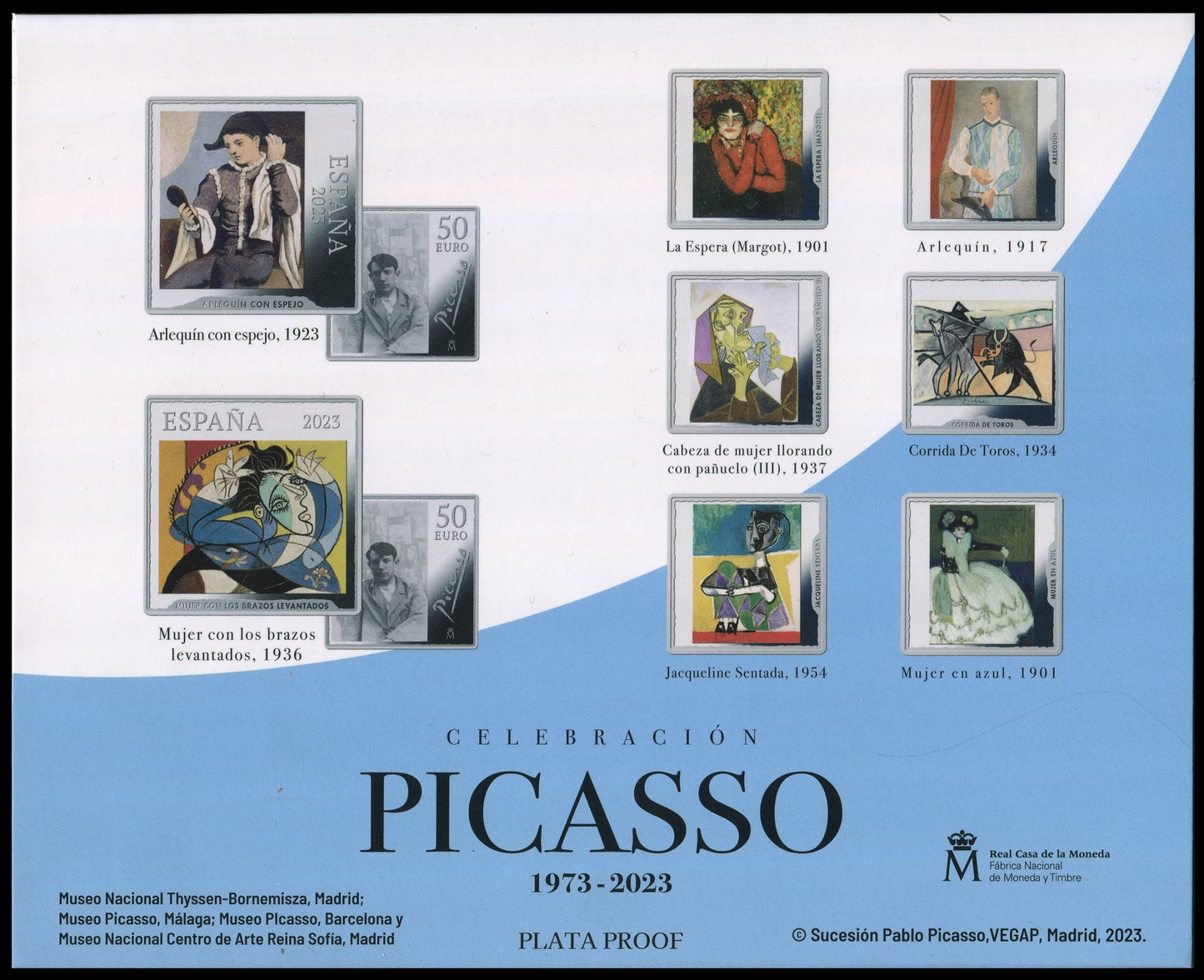 España - 2023 - Conmemorativas FNMT - PROOF - Coleccion Picasso Completa en estuche 8 MONEDAS/ 6 x 10 € 2 x 50 € / Proof / En e