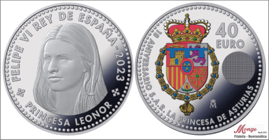 España - 2023 - Monedas euros en plata - FDC / MS - 40 € Año 2023 / Princesa Leonor - Mayoria de edad / SOBRE ORIGINAL