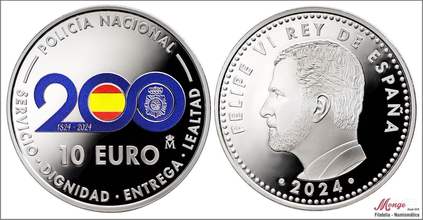 España - 2024 - Conmemorativas FNMT - PROOF - 10 € Año 2024 / Bicentenario de la Policia Nacional / Plata / En estuche