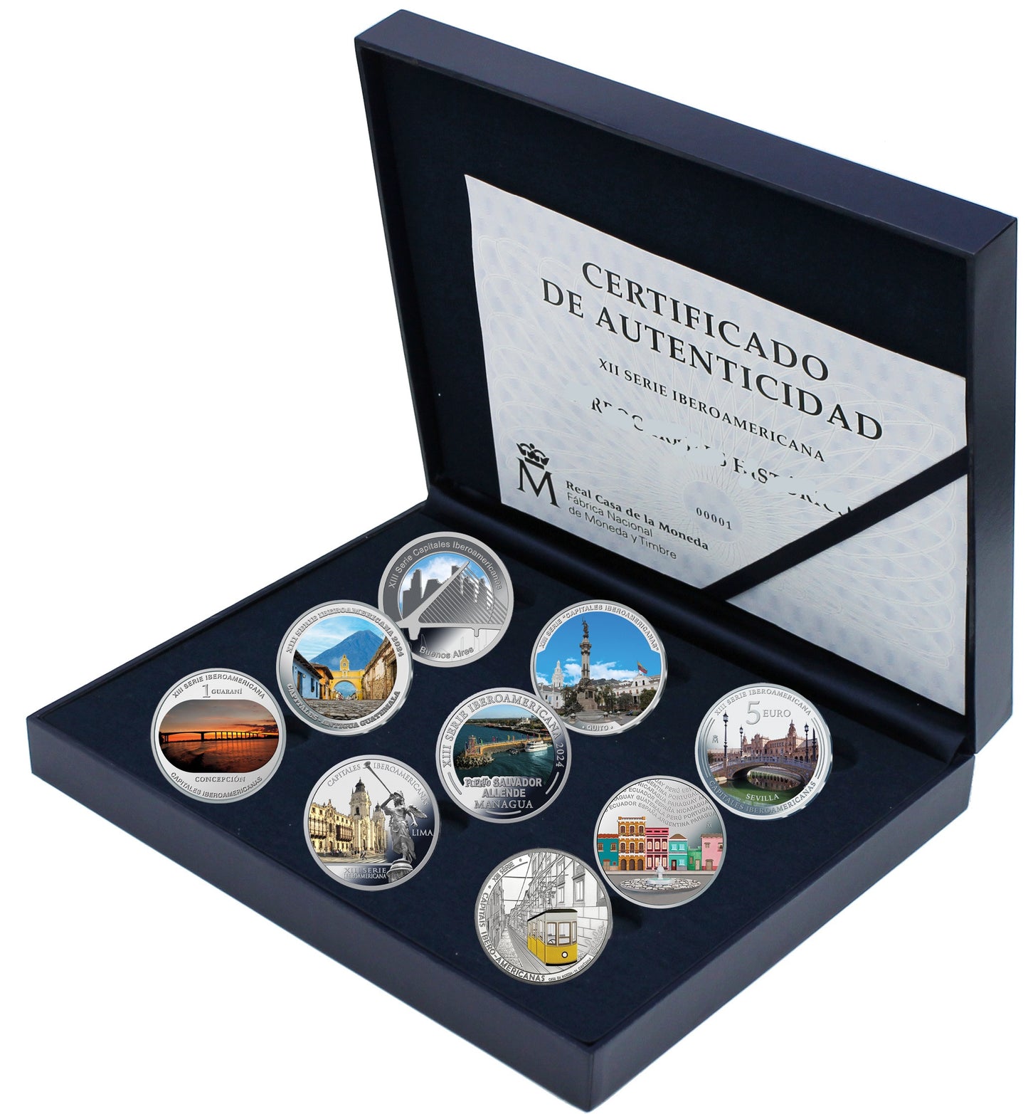 España - 2024 - Conmemorativas FNMT - PROOF - Coleccion Completa / XIII SERIE IBEROAMERICANA "CAPITALES"/ 9 x 5 € / Proof / En e